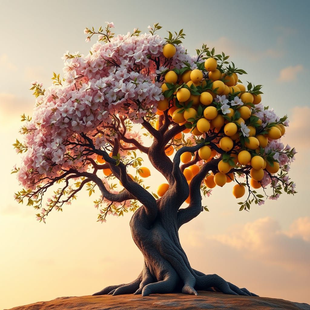 Harmonious Yin-Yang Fruit Tree in Golden Light