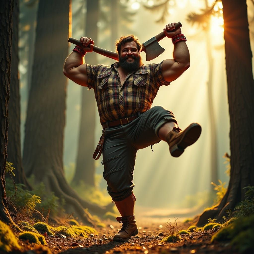 Strong Lumberjack Captured in Elegant Ballet Pose