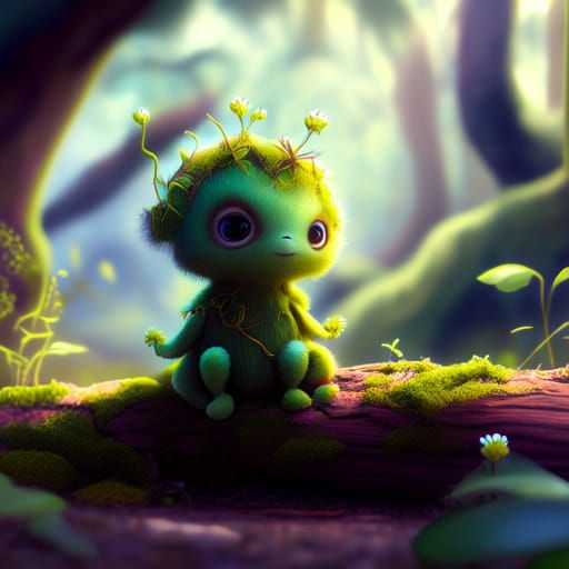 Charming Miniature Plant Creature in Enchanted Forest