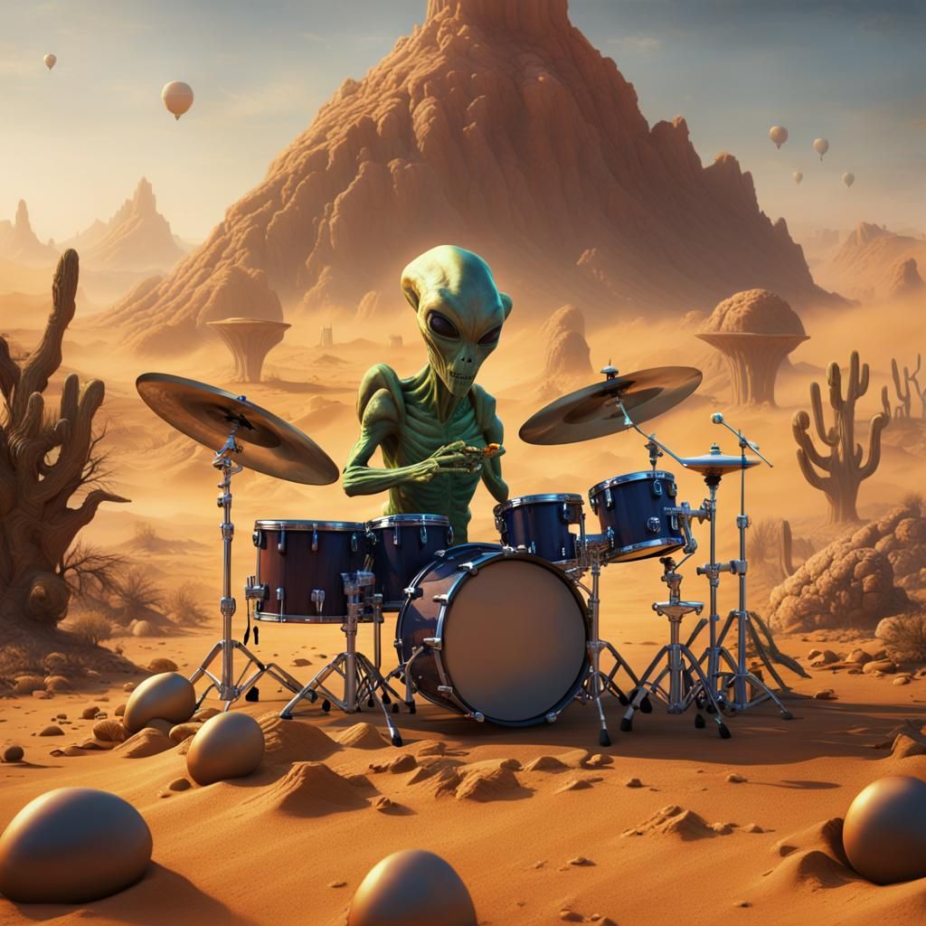 Alien Drummer with Nacho Cheese in Desert Landscape