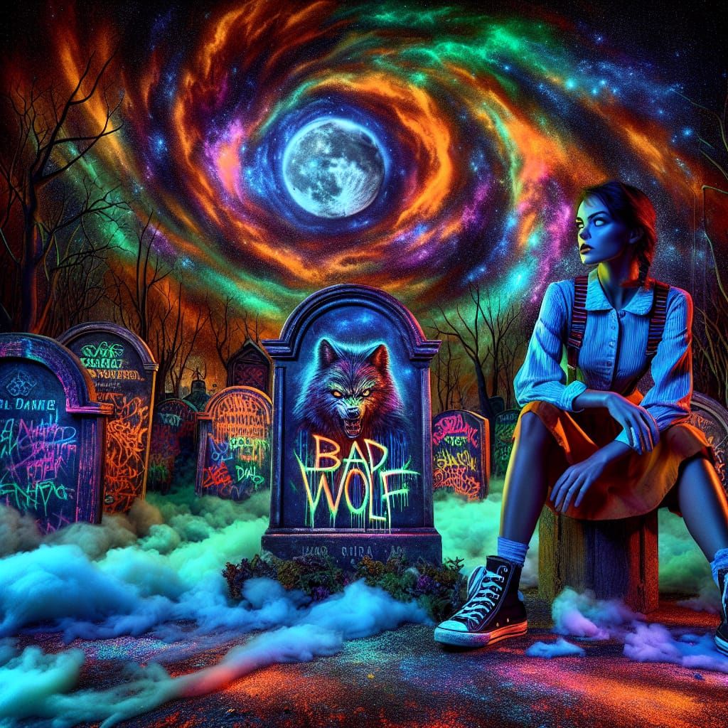 Melancholic Woman in Cemetery with 'Bad Wolf' Graffiti