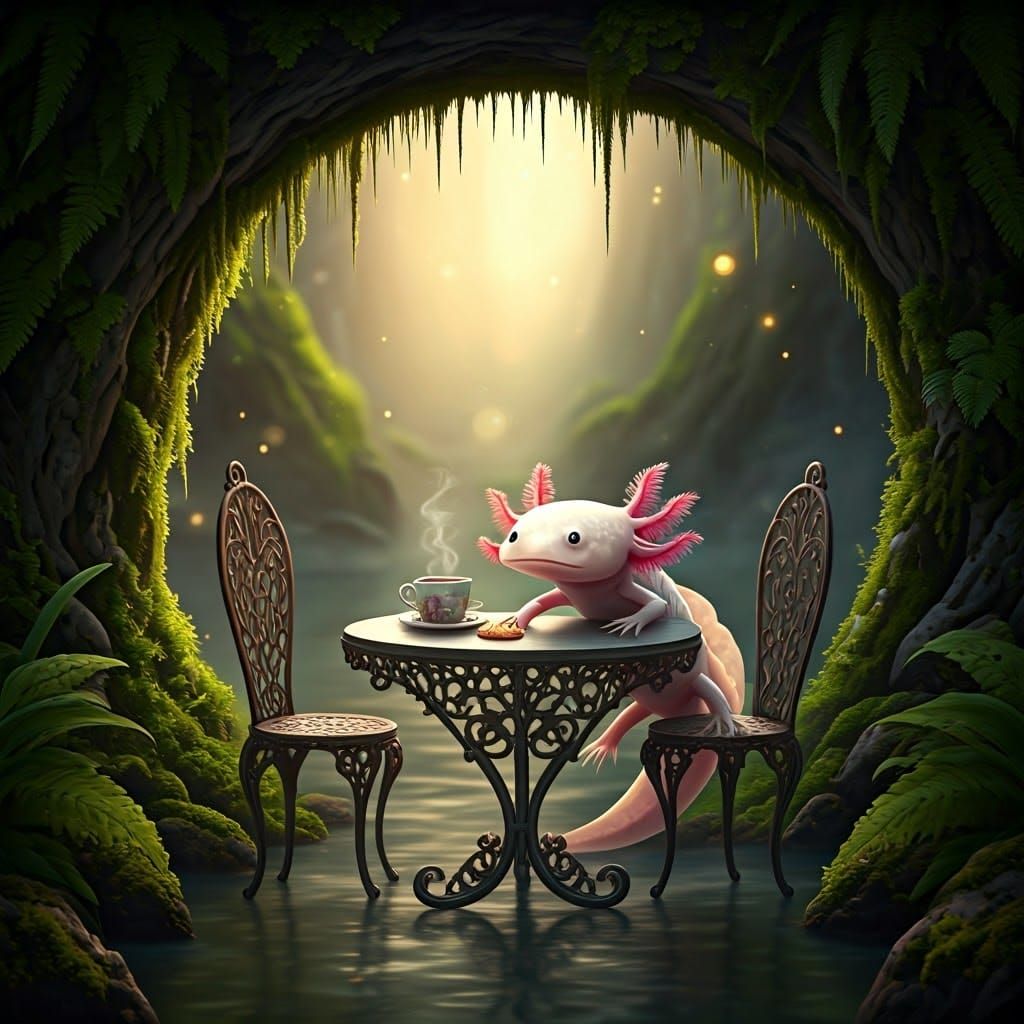 Serene Axolotl's Whimsical River Cave Tea Party