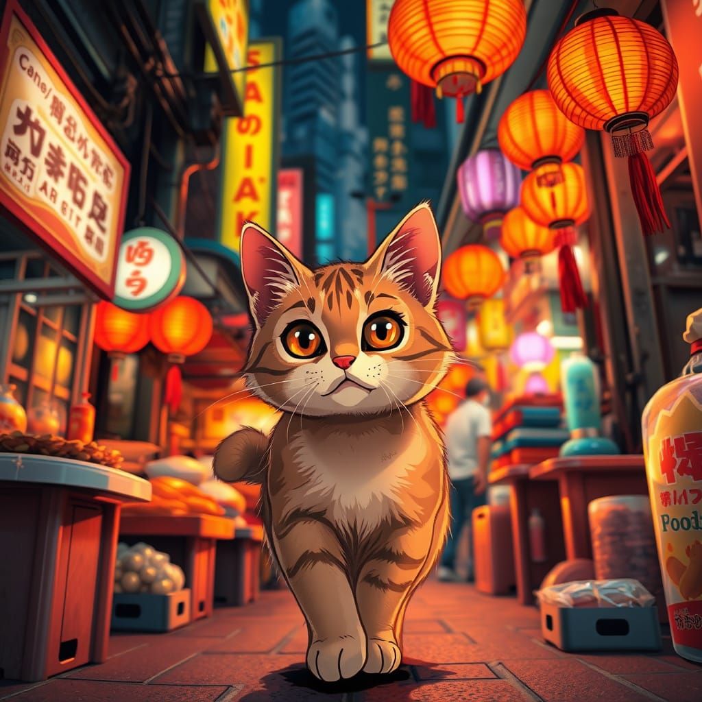 Whiskered Cat Embarks on Tokyo Alleyway Adventure