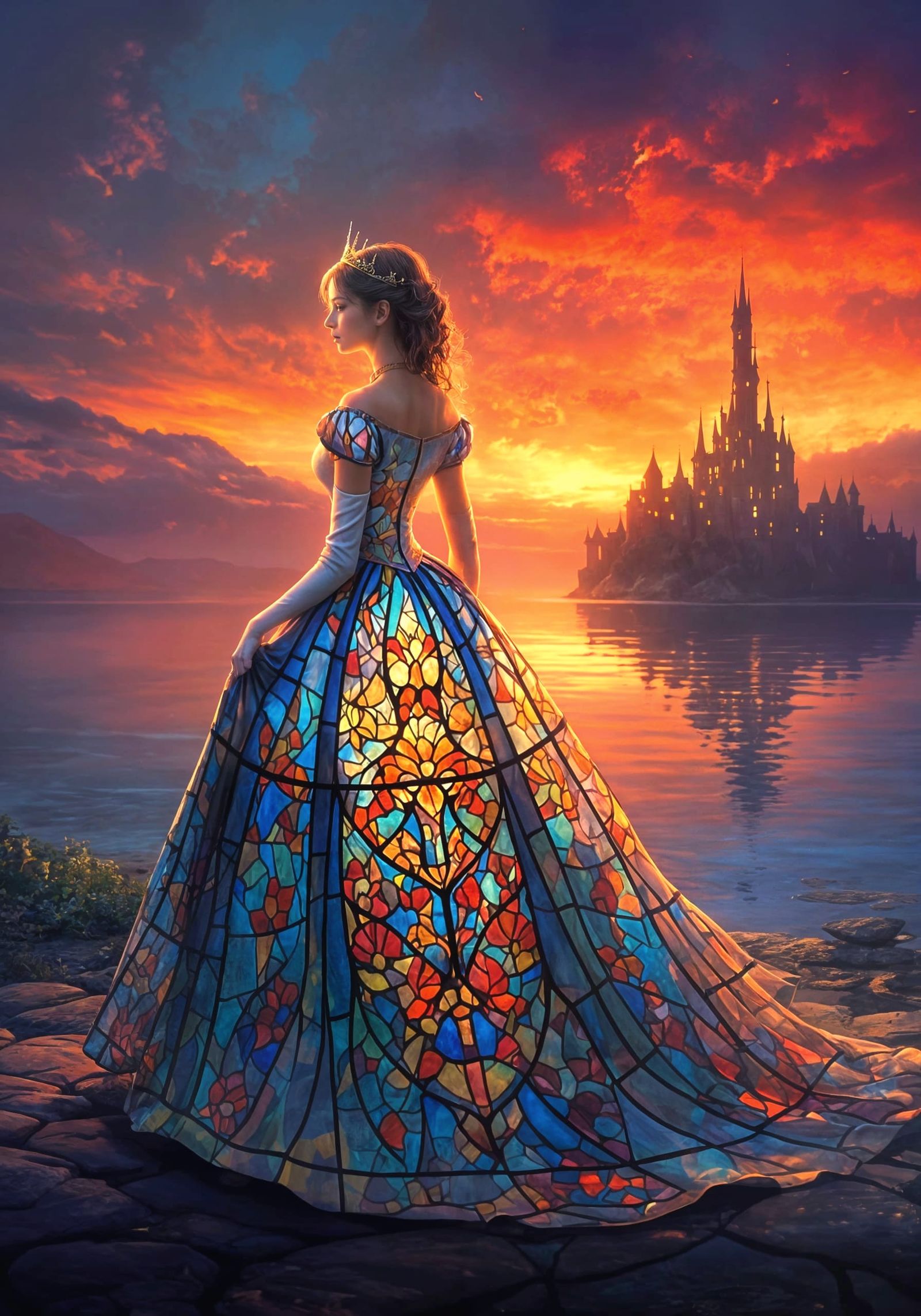 Medieval Princess Amidst Sunset Castle Reflections