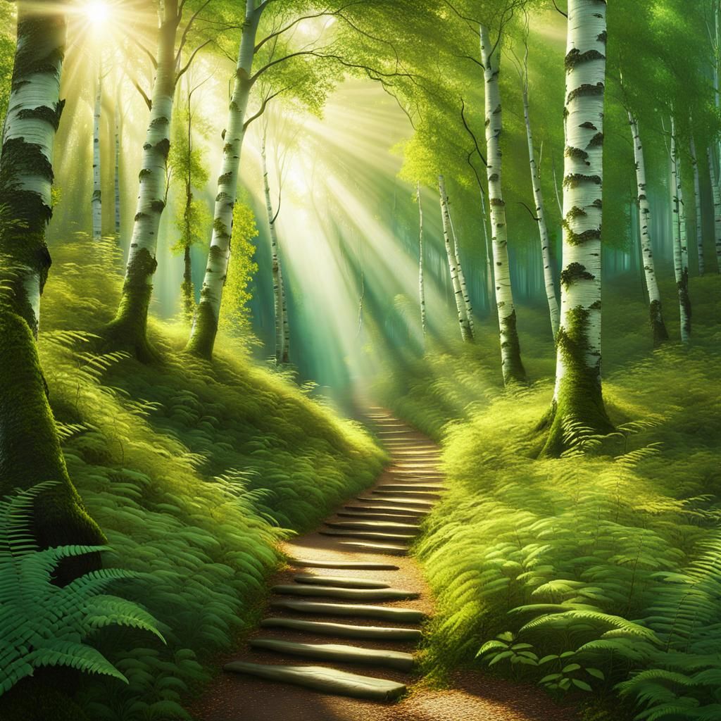 Enchanted Forest Path with Sunbeams, Digital Matte Painting