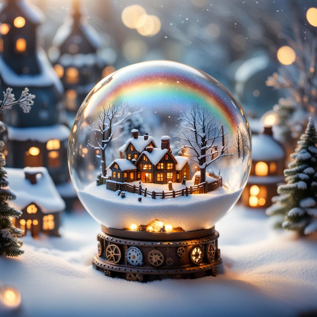 Hyperrealistic Steampunk Village in a Glass Snow Globe