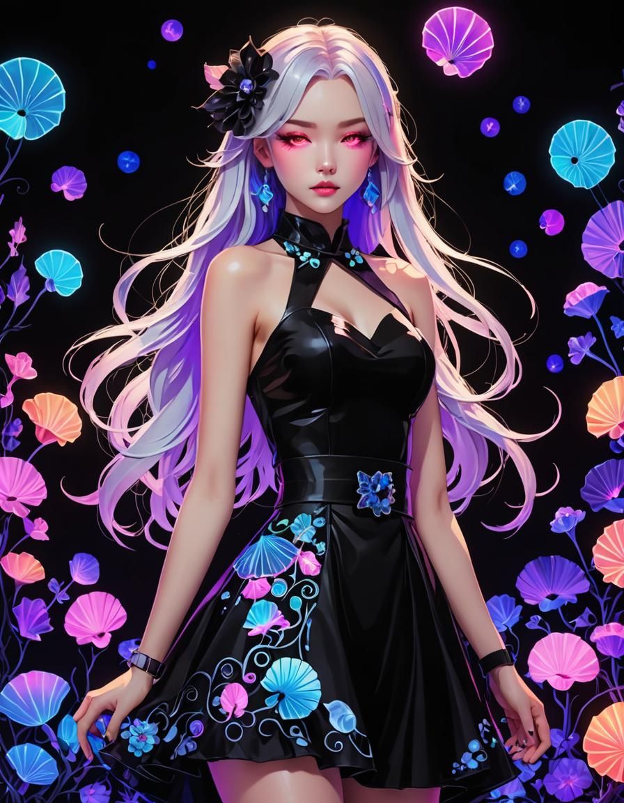 Neon Pastel Goth Dress in Black and White 3D Anime Style