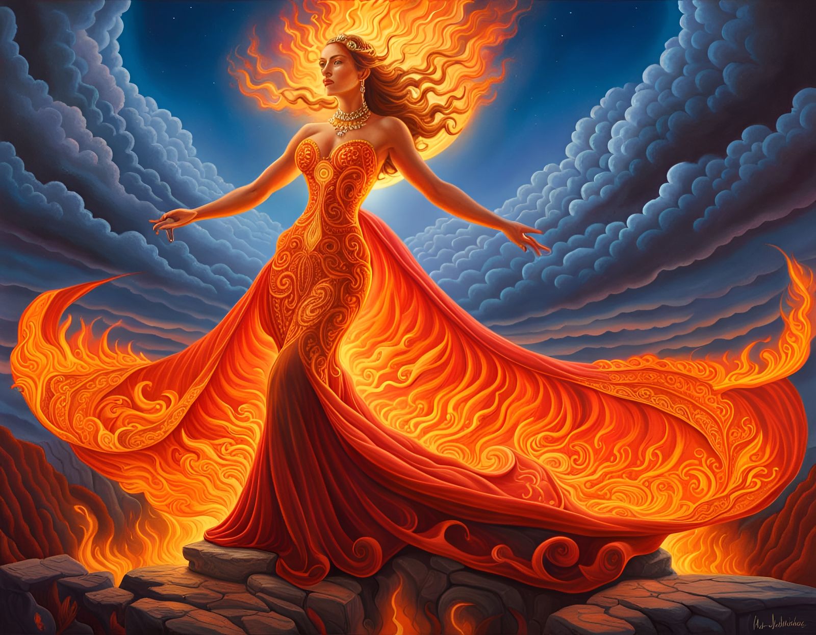 Fire Goddess in a flaming fiery gown