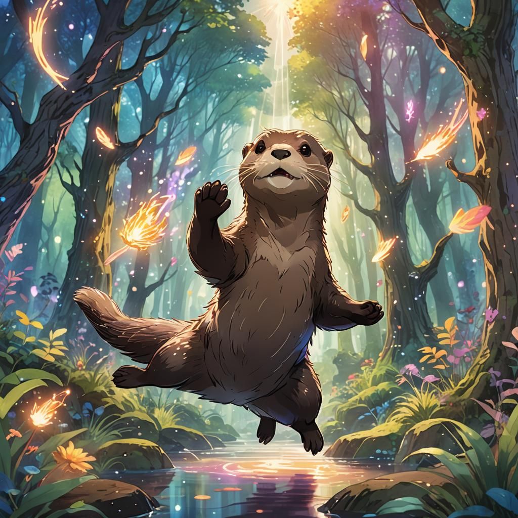 Anime Otter Casting Magic Spells in Forest
