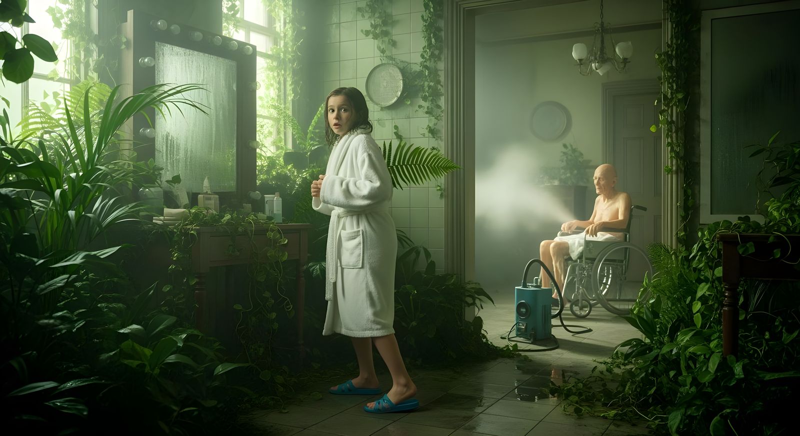 Photorealistic Scene: Girl, Old House, and Strange Machine