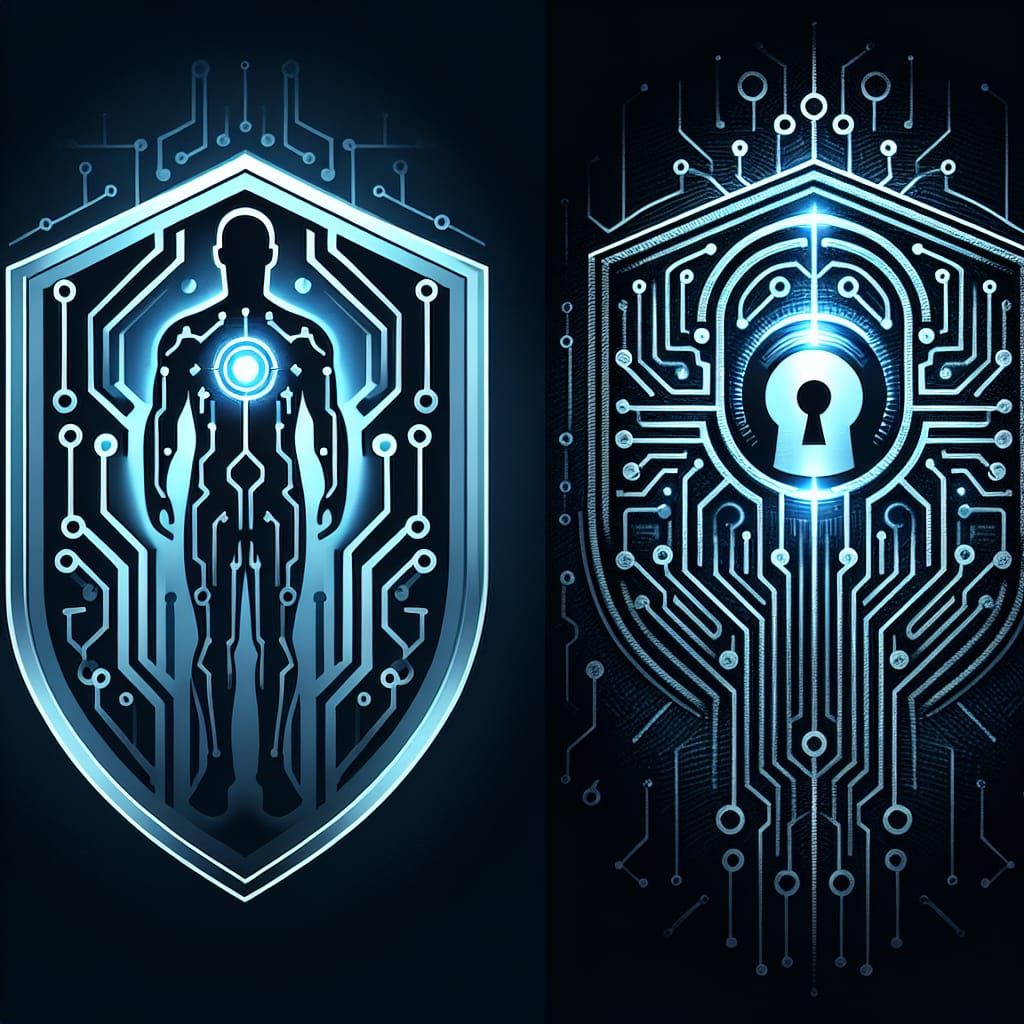 Humanoid Figure Surrounded by Cybernetic Shield in Futuristi...