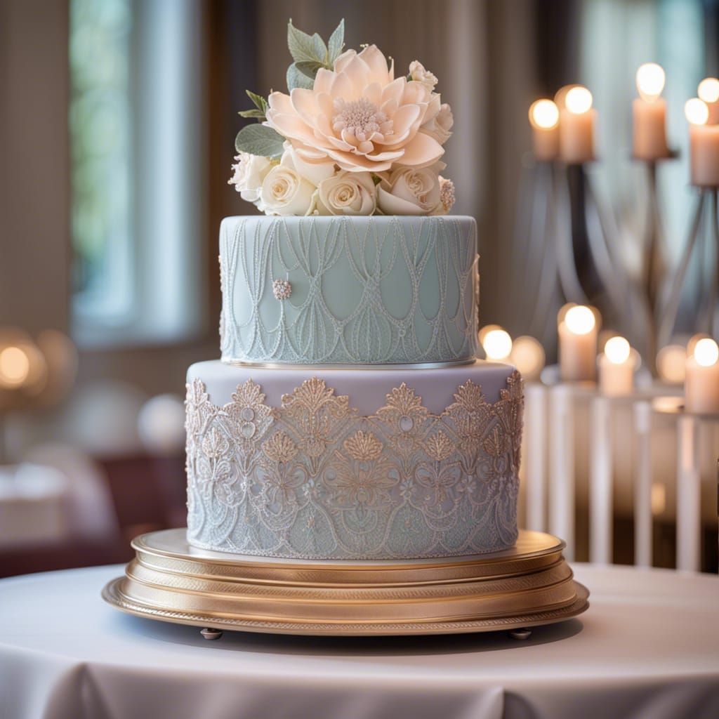 Envision a three-tiered wedding cake set against a winter backdrop. The cake is adorned with intricate patterns of edibl...