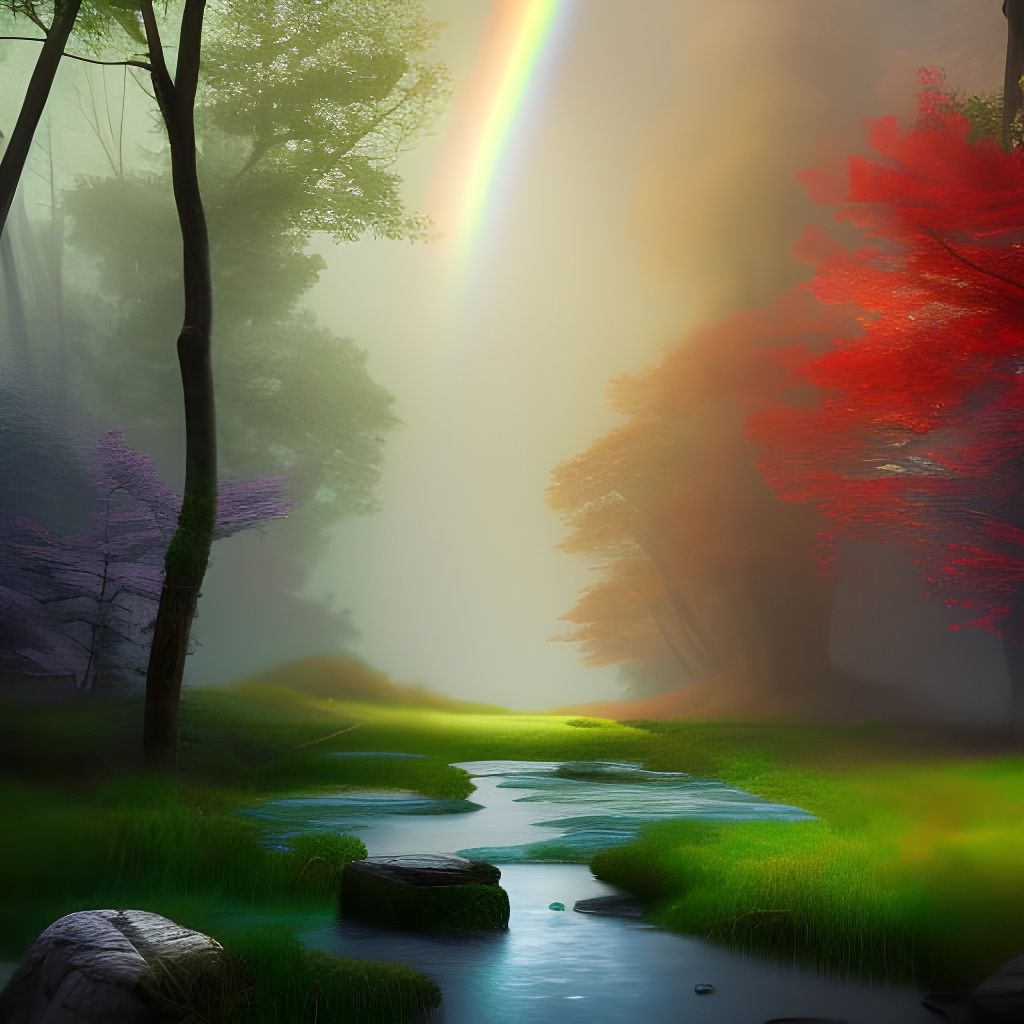 Rainbow and Rain in Forest: Fantasy Concept Art