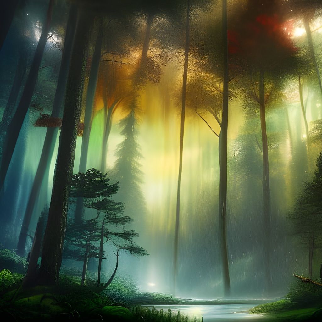 Rainbow and Rain in Forest: Fantasy Concept Art