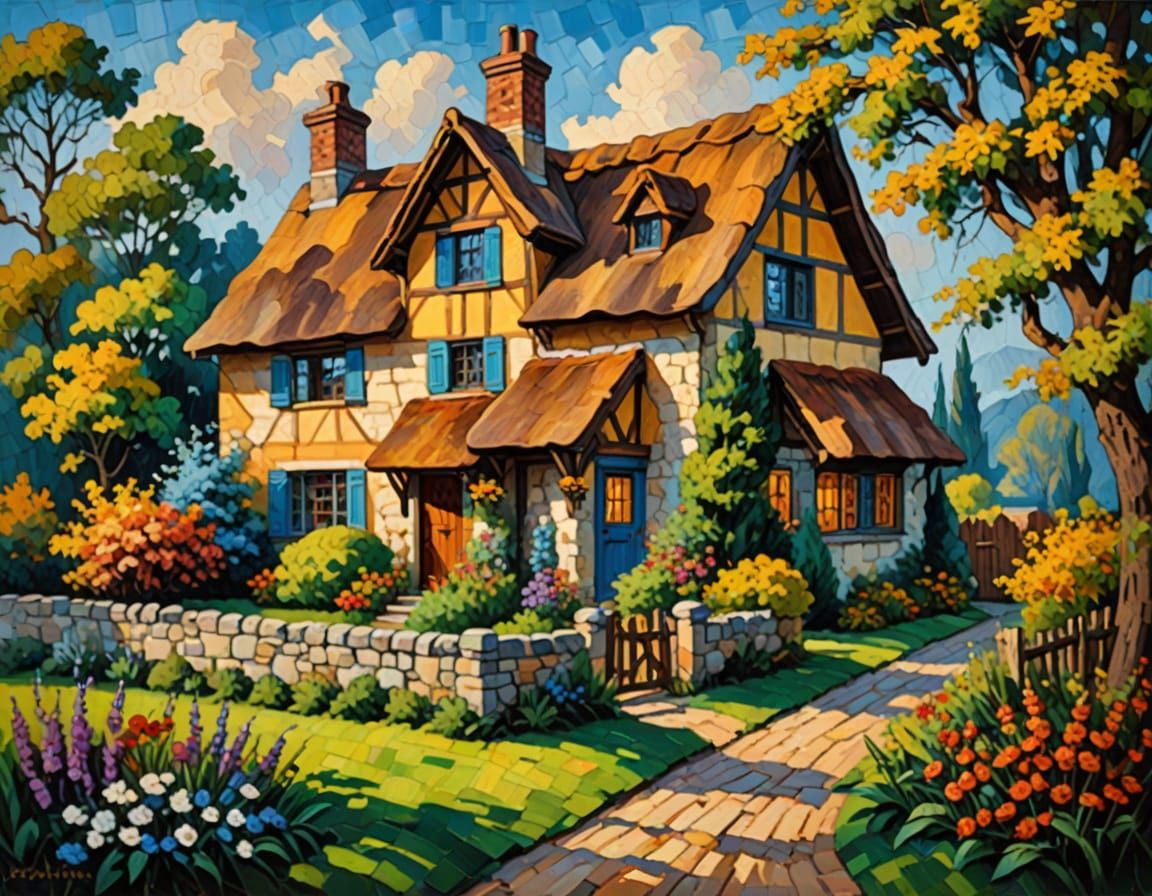Tudor Cottage in Vibrant Neo-Impressionist Oil Painting
