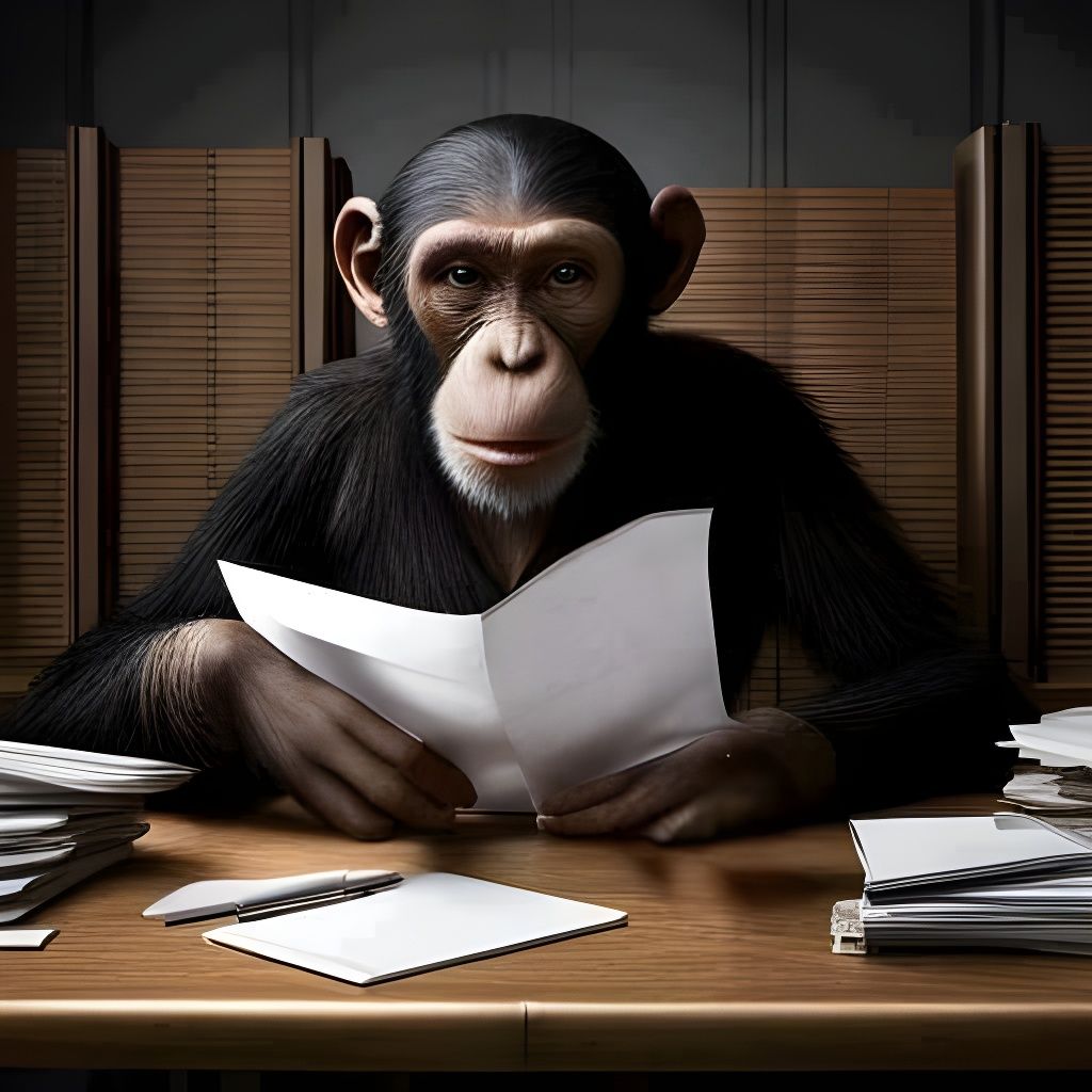 Anthropomorphic Chimpanzee at Desk: Photorealistic CGI Rende...