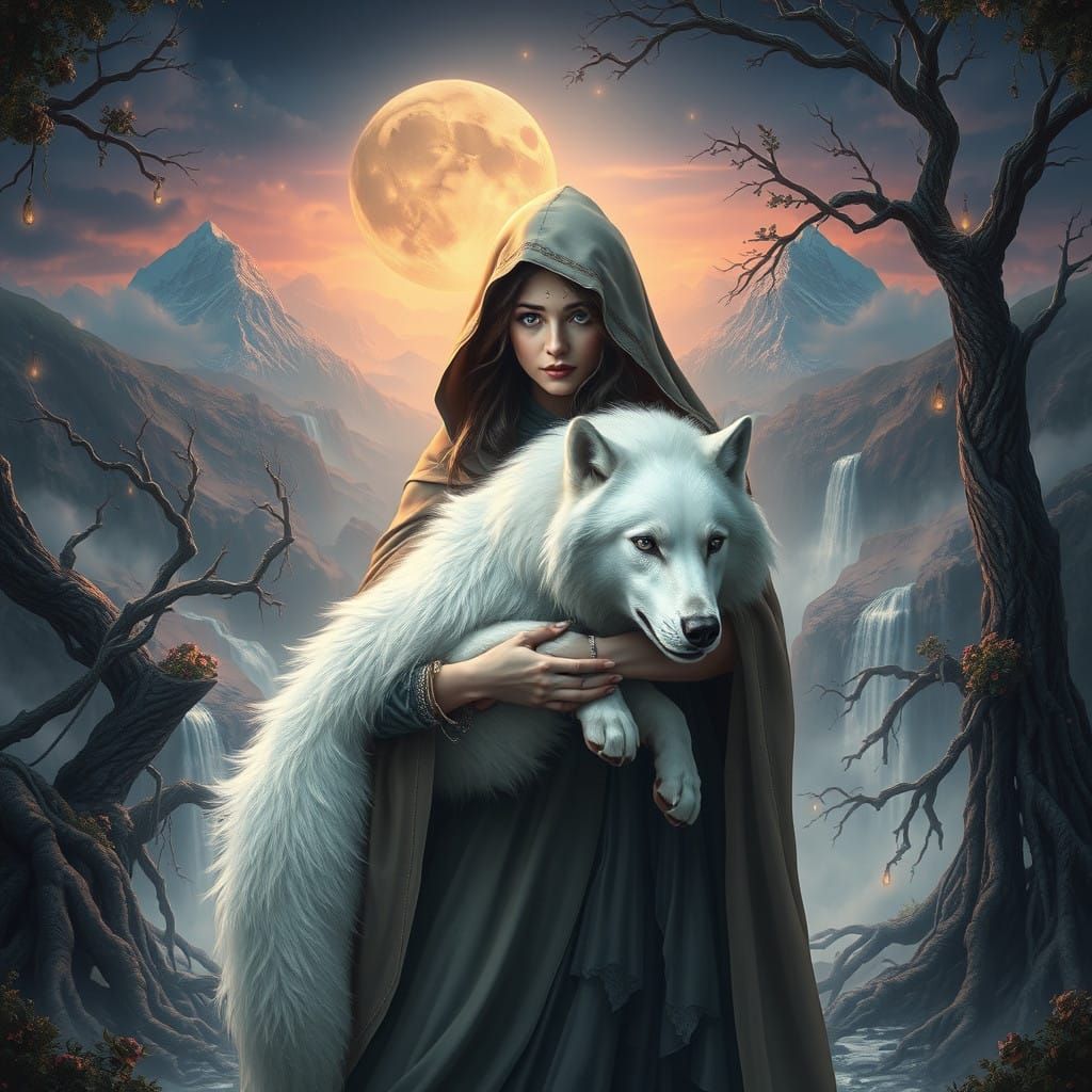 Serene Woman Embraces Majestic White Wolf in Ethereal Landsc...