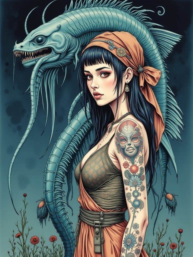 Pinup Girl with Etruscan Oarfish Statue Watercolor