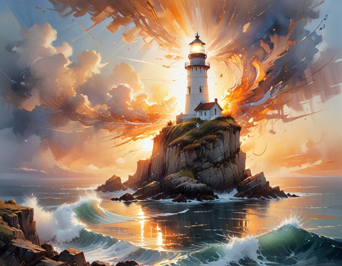 Sea-Cliff Lighthouse Radiance in Watercolour Summerscape