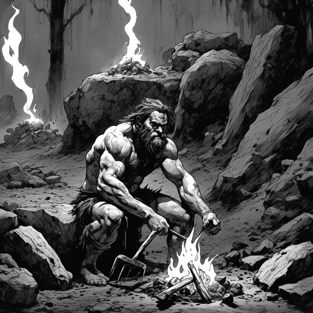 Neanderthal Grilling Steak: Black and White Illustration
