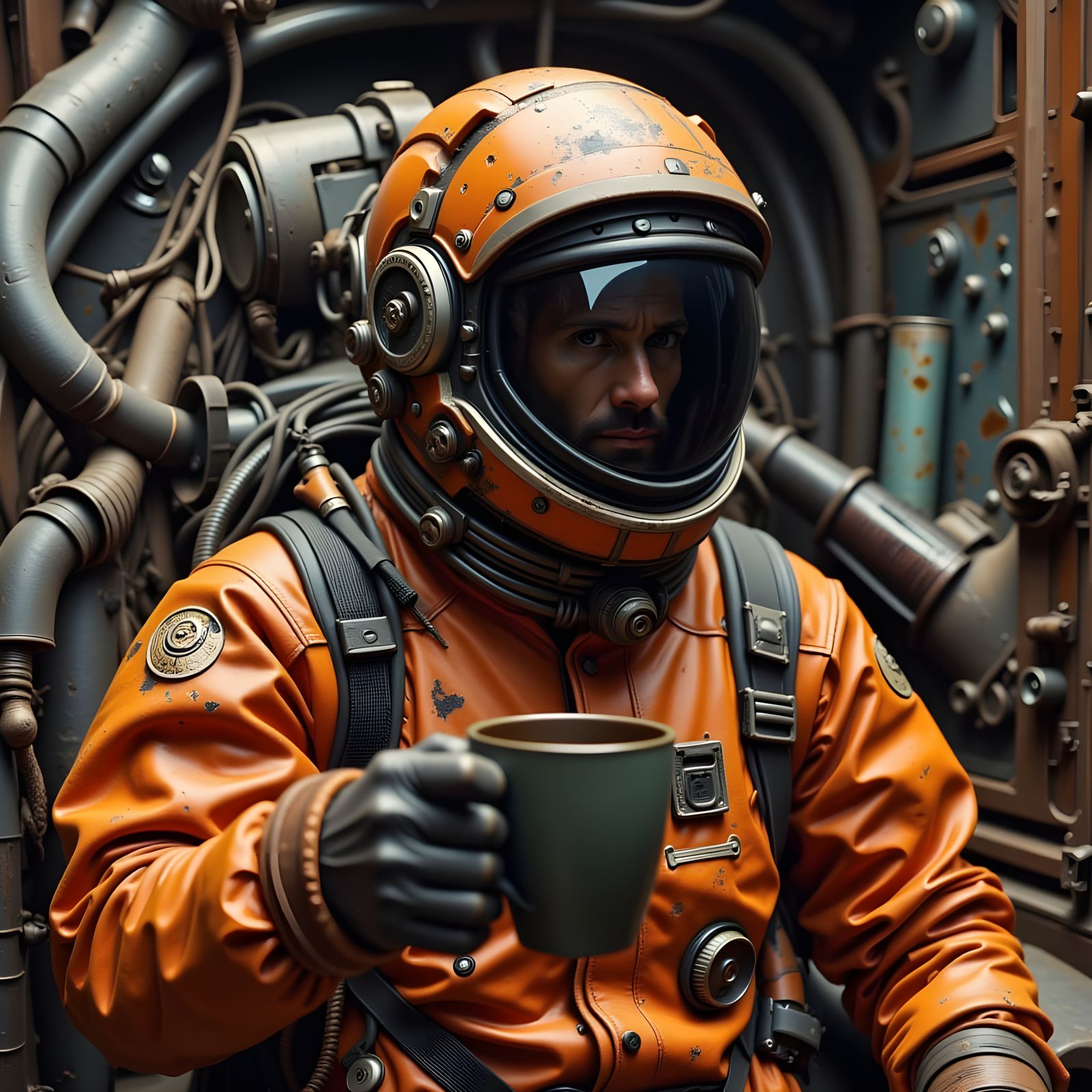 Gritty Spaceman with Coffee in Salvage Suit