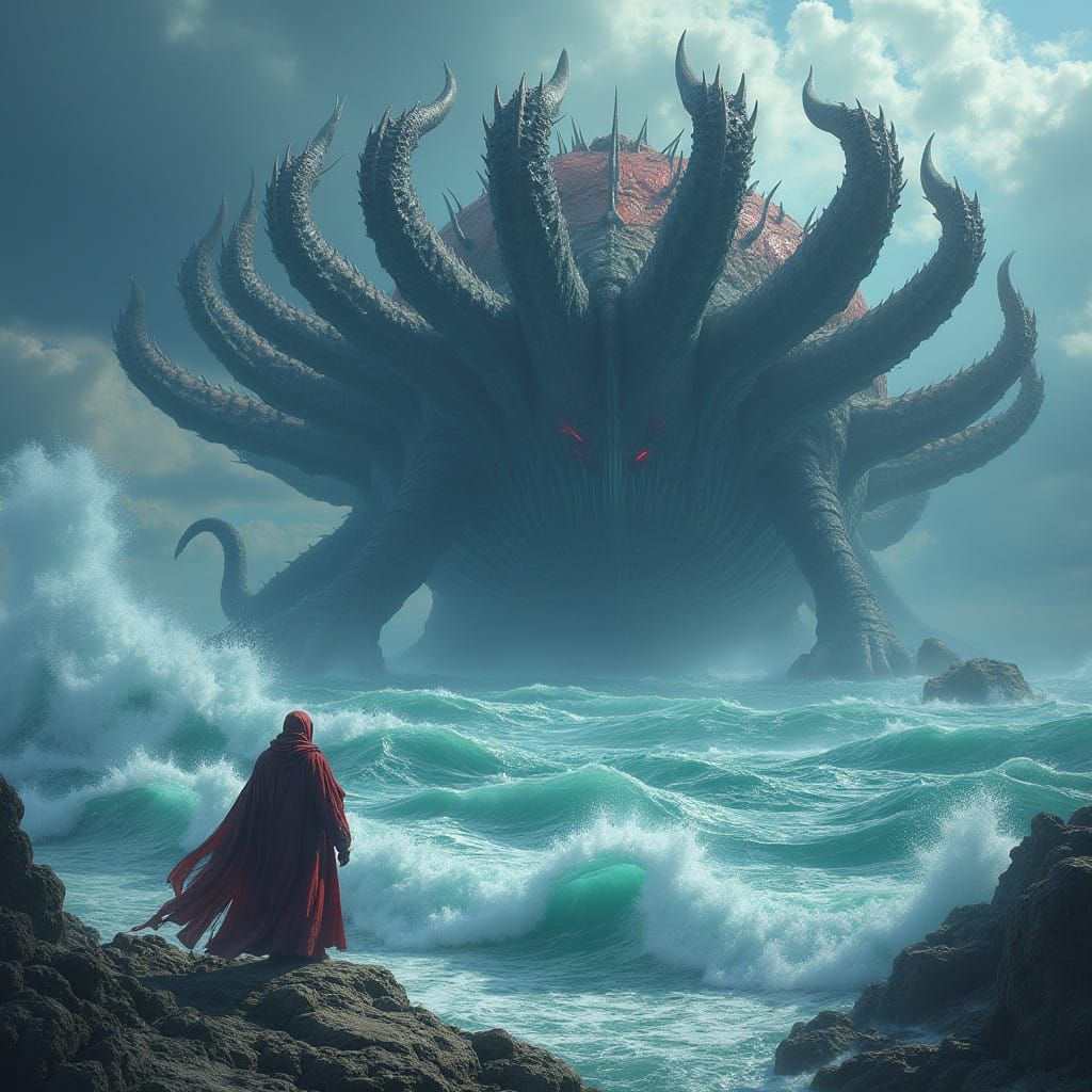 Colossal Dragon Emerges from Turbulent Sea in Cyberpunk-Insp...