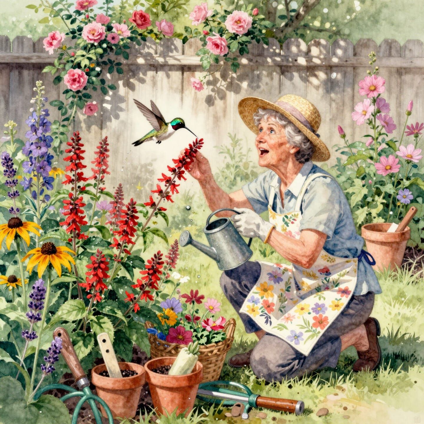 Elderly Woman Delights in Garden Hummingbird Encounter