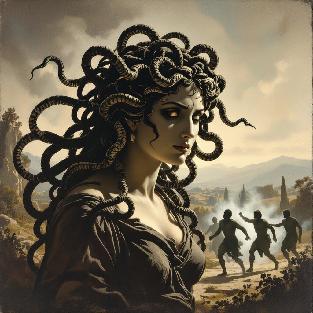 Medusa's Gaze Turns Figures to Stone in Grecian Landscape