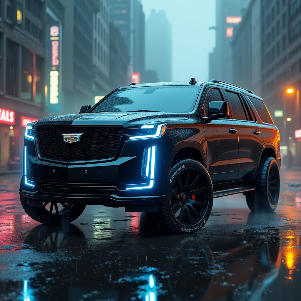 Sleek Cyberpunk Cadillac Escalade in Futuristic Metropolis