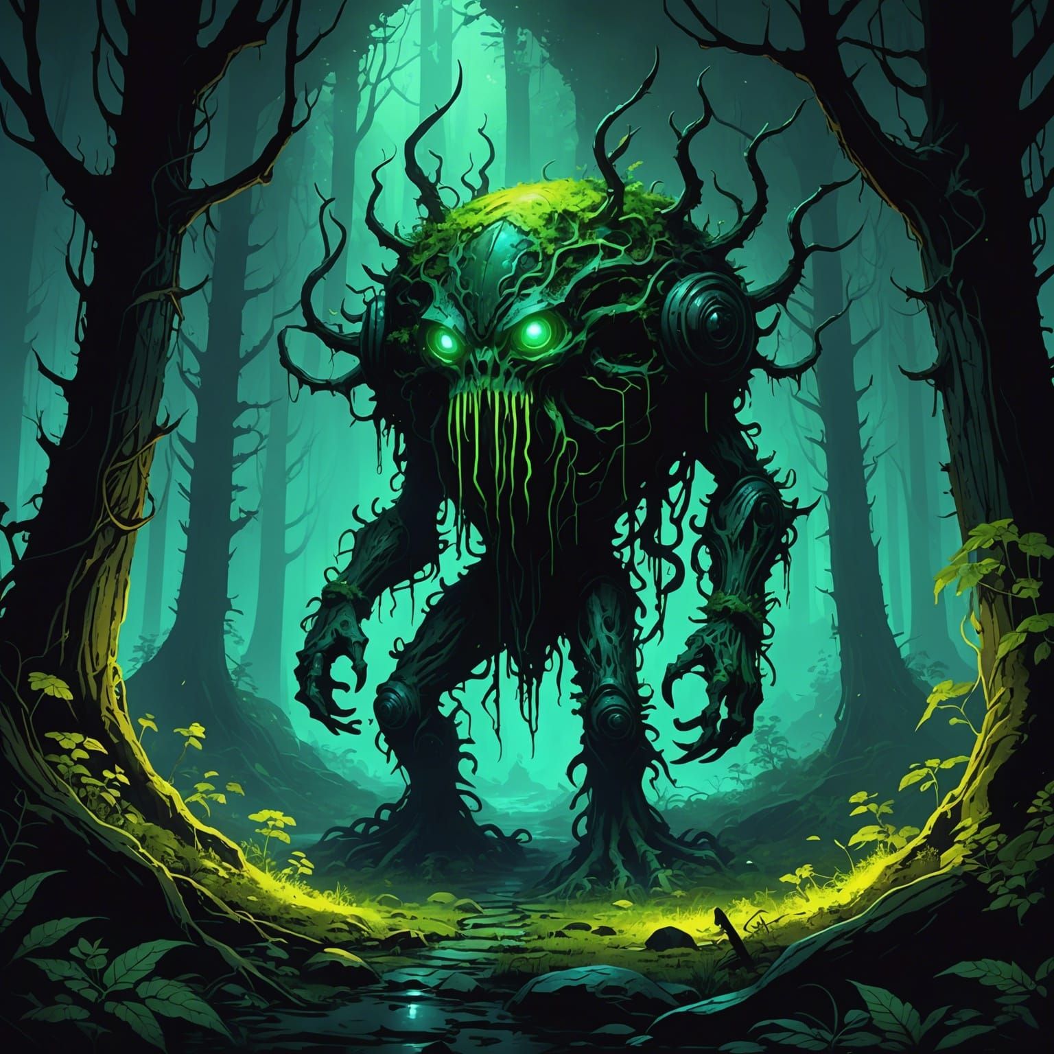 Neon Horror in Ancient Forest, Dark Fantasy Art
