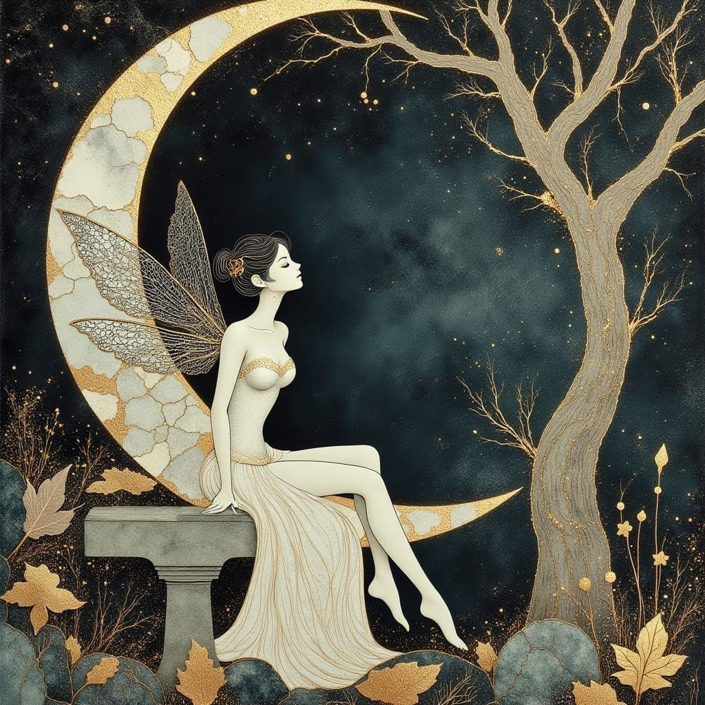Whimsical Angel in Crescent Moonlight