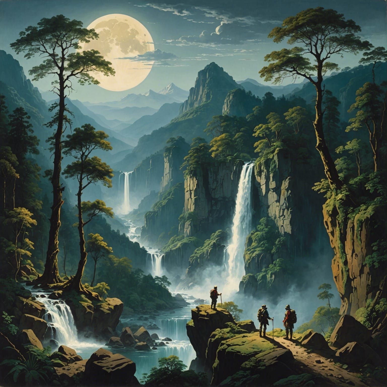 Moonlit Landscape with Waterfall and Towering Trees