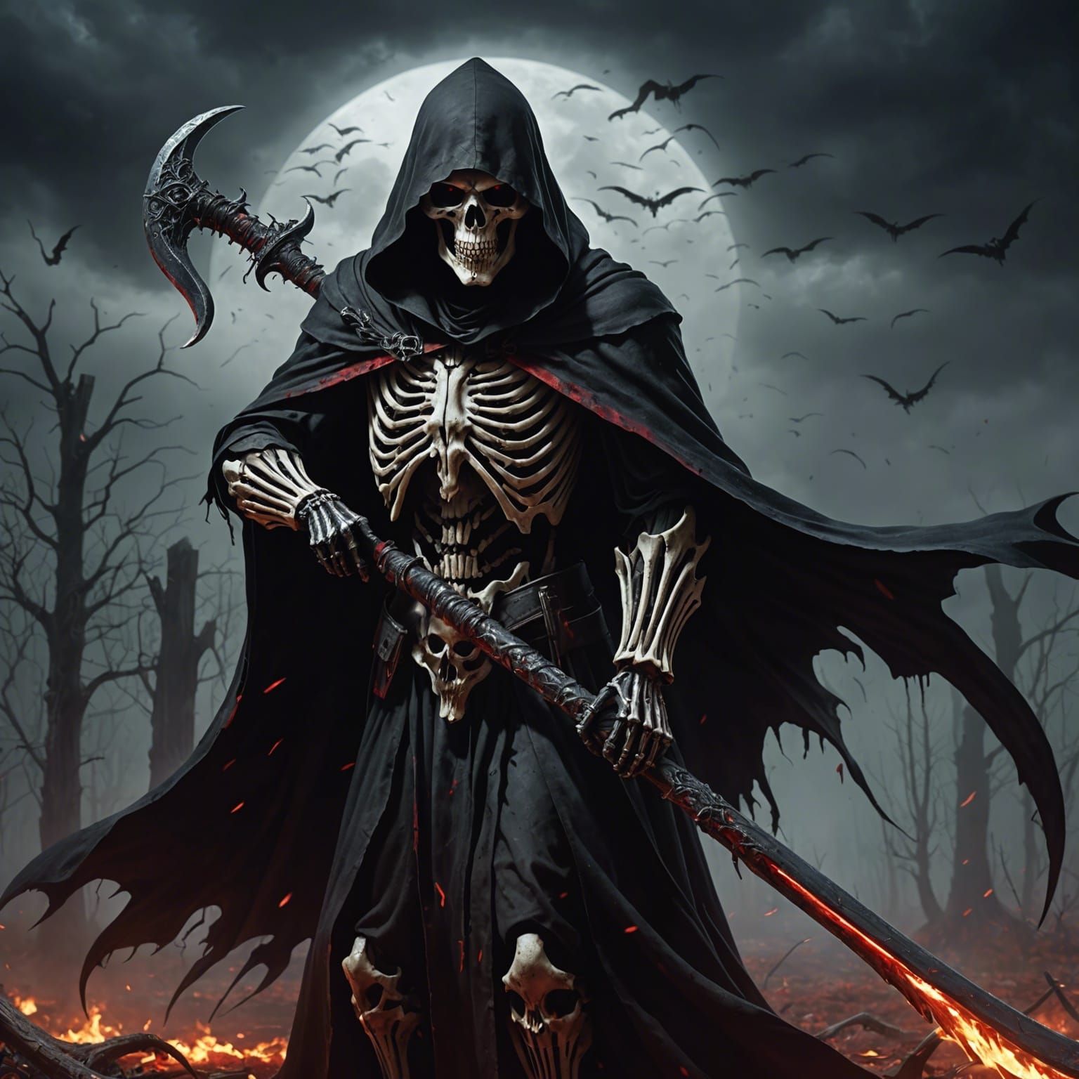 Realistic Reaper with Scythe and Skulls in Ultra 4K