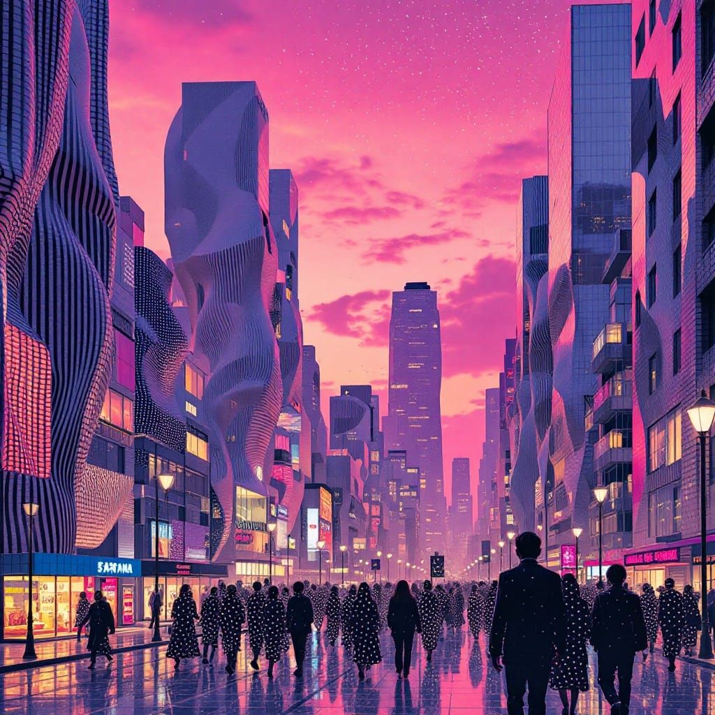 Surreal Cityscape at Dusk with Geometric Patterns and Mirror...