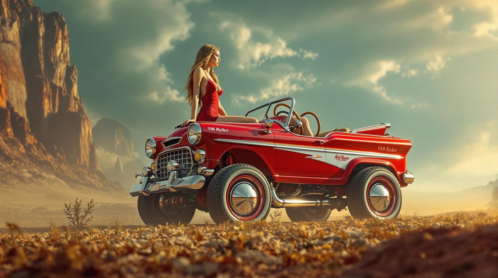 Futuristic Red Ryder Radio Flyer in Dreamlike Landscape