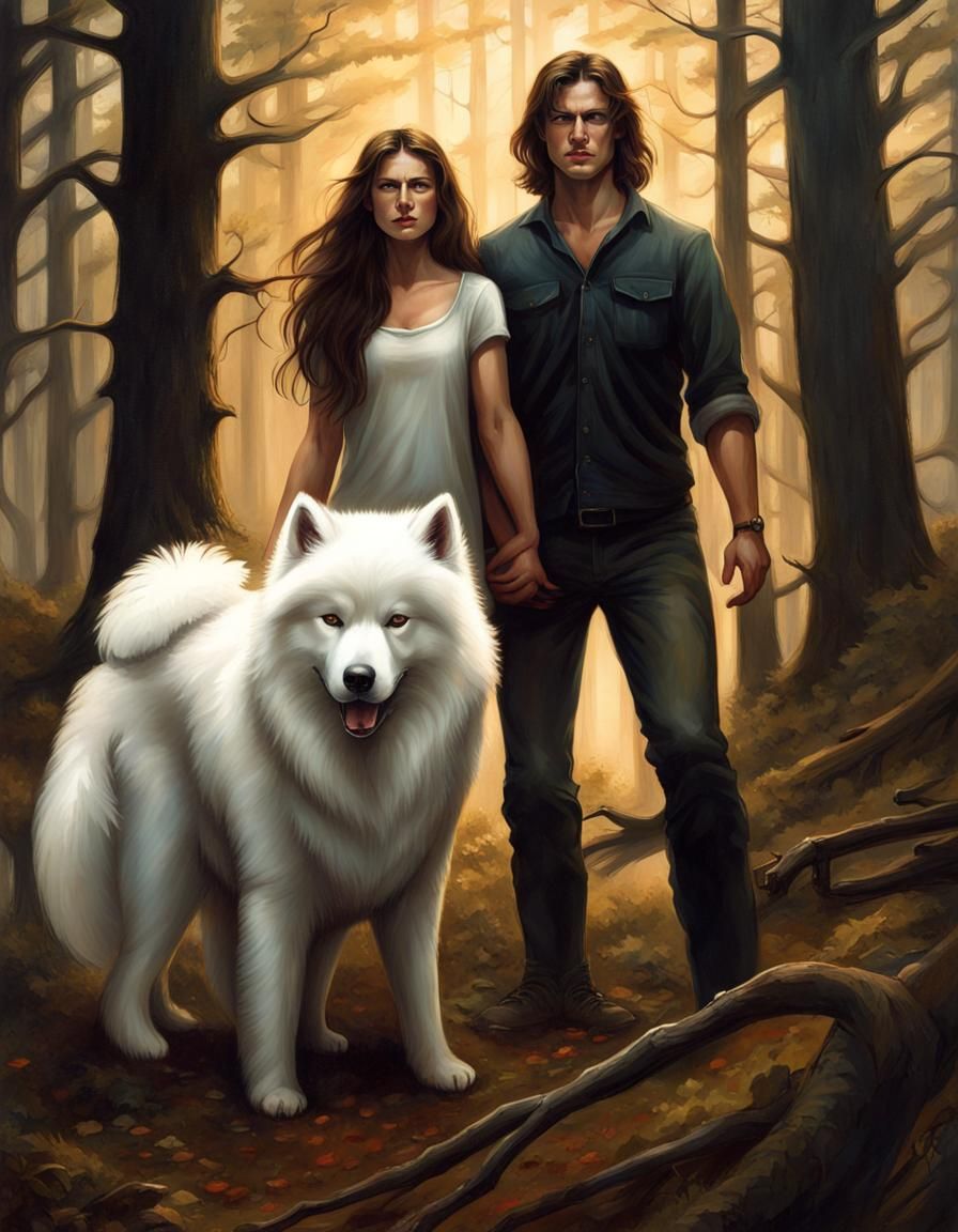 Couple Foraging with Samoyed in Forest, Greg Rutkowski Style