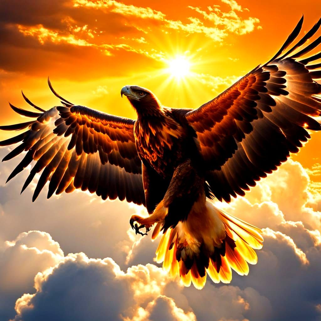 Golden Eagle Flying Towards the Sun