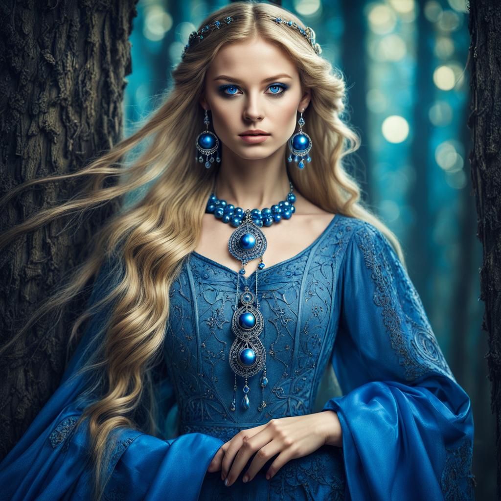 Slavic Girl in Blue Dress in Fantasy Forest