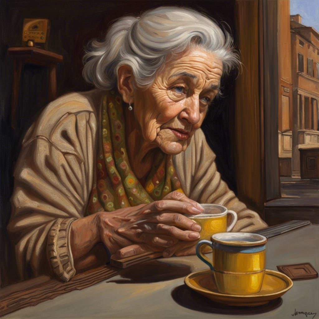 Old Woman's Coffee Memory: Hyperrealistic Oil Painting