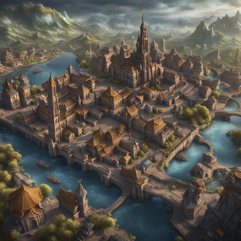 Detailed City Map in Fantasy Concept Art Style