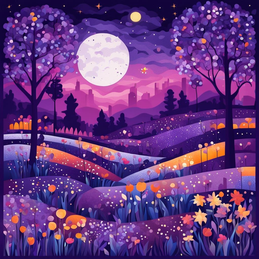 Purple Garden at Night Under Starry Sky