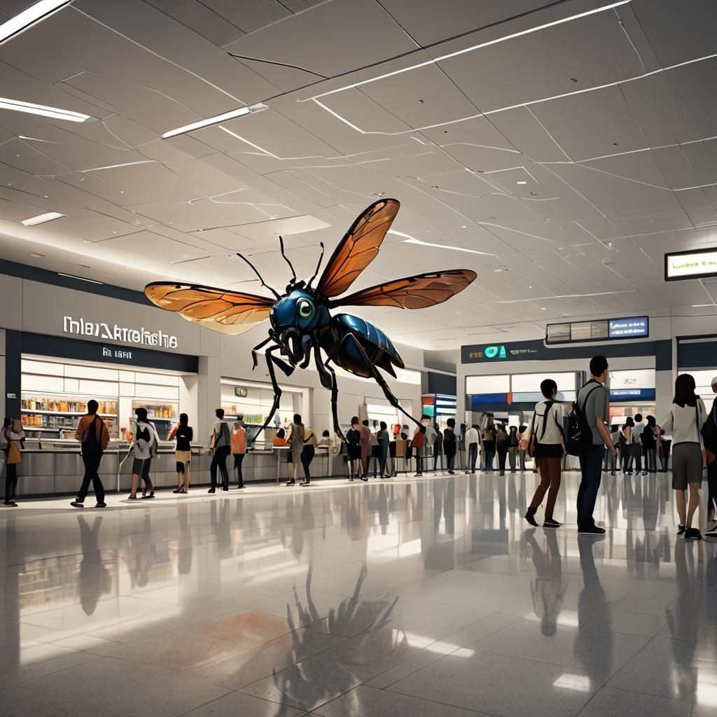 Angry Cartoon Insect Impedes Bank Queue: CGI Render