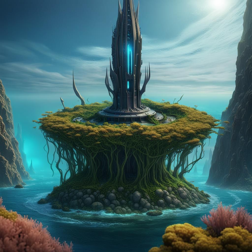 Alien Spire Rock Space Station in Ocean