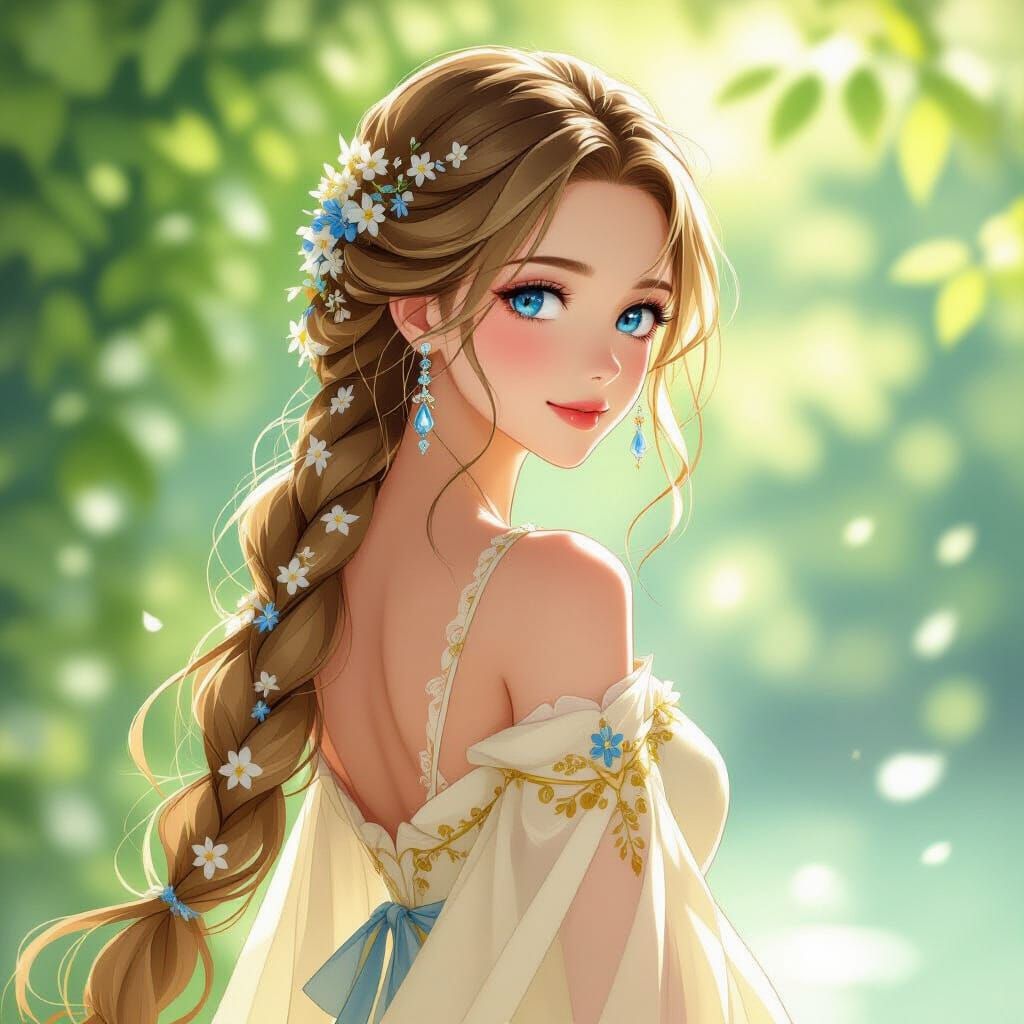 Anime Woman with Golden Hair and Floral Adornments