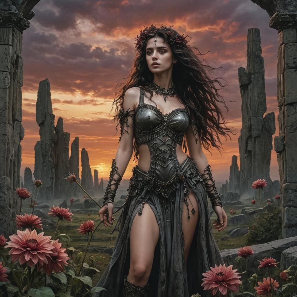 Stonehenge Sunset with Dahlias in Detailed Matte Painting