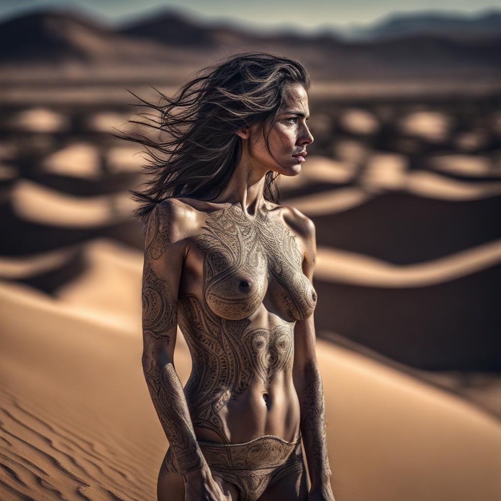 Nude Woman Emerges as Desert Flora: Hyperrealistic Image