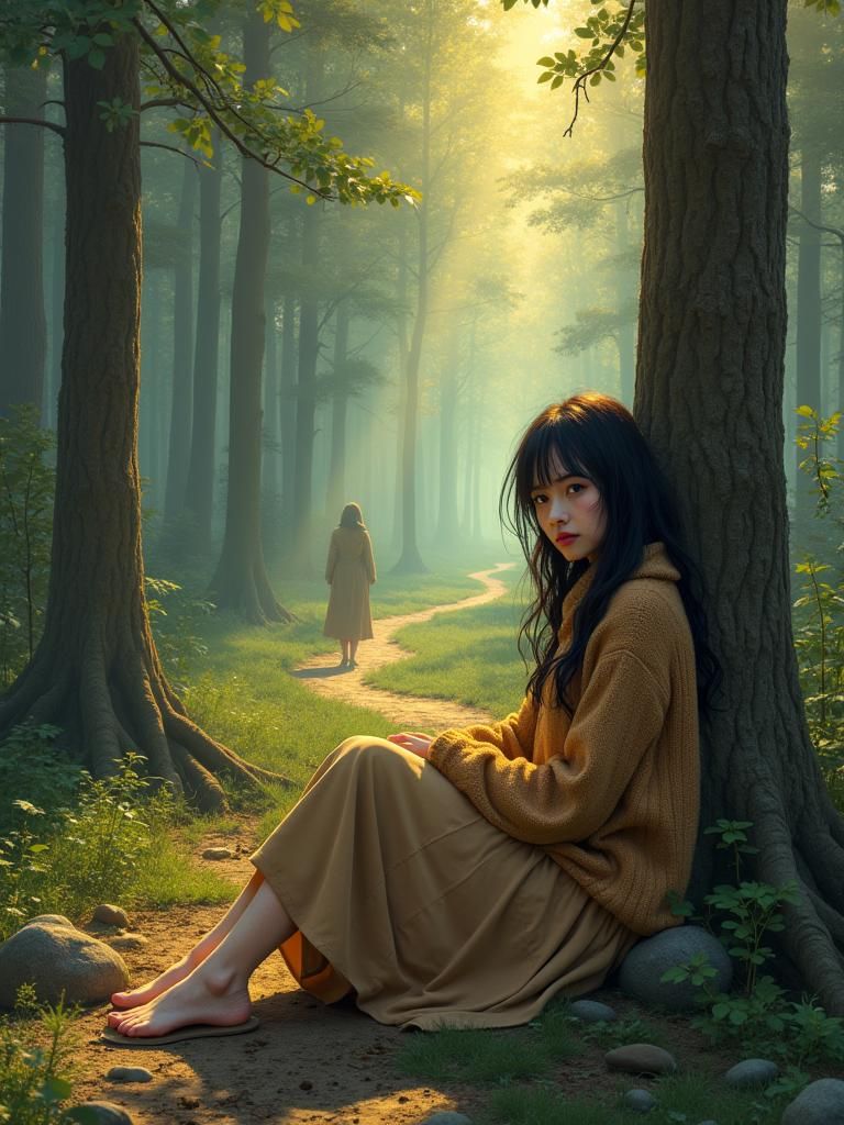Melancholic Woman Alone in Forest: Matte Painting Style