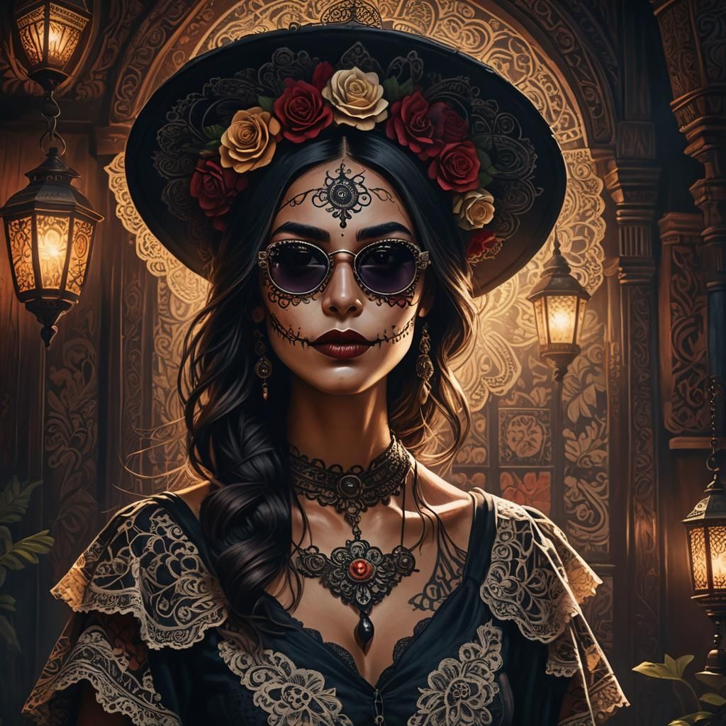 Catrina Portrait in Latin American Folk Art Style