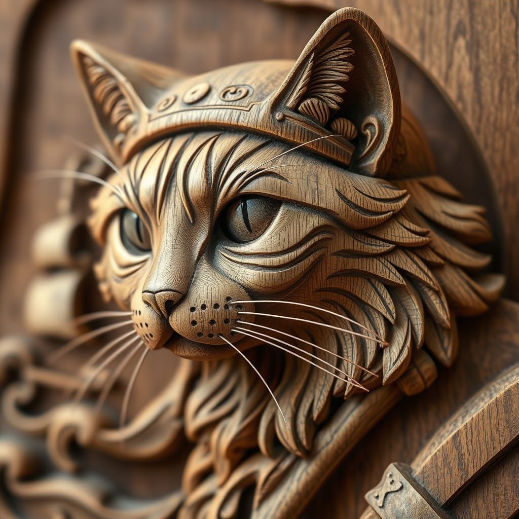 Macro Wood Carving of a Cat Pirate and Ship