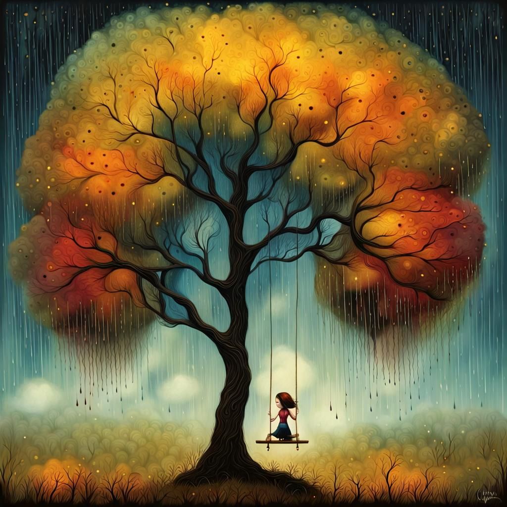Vibrant Pop Surrealist Girl on a Tree-Swing in Autumn Rain